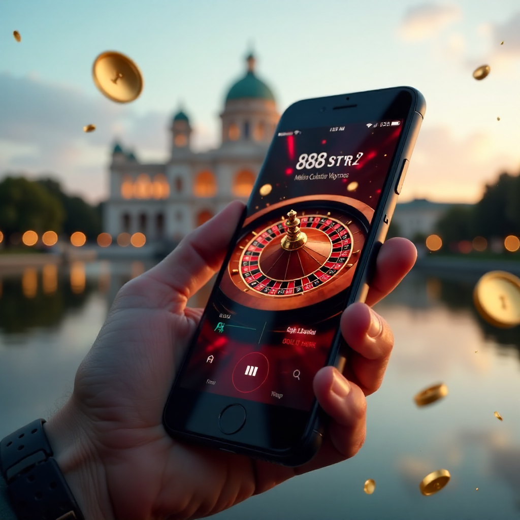A premium smartphone held in a hand featuring the 888starz app, with the Palace of Culture and Science in Warsaw in the background, official red and white brand colors, 3D flying golden coins and roulette elements, cinematic lighting, 8k.